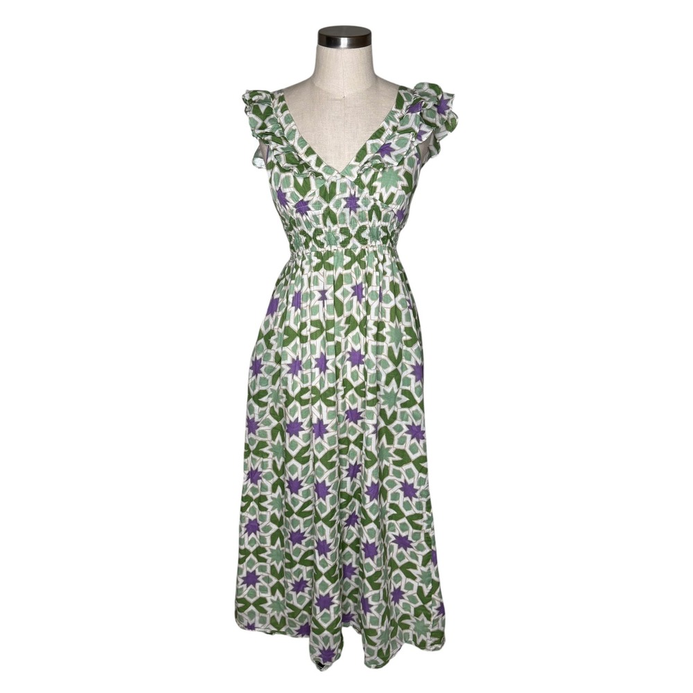 BANJANAN Maya Midi Dress Green Purple Geometric Stargazer Print Women's Small